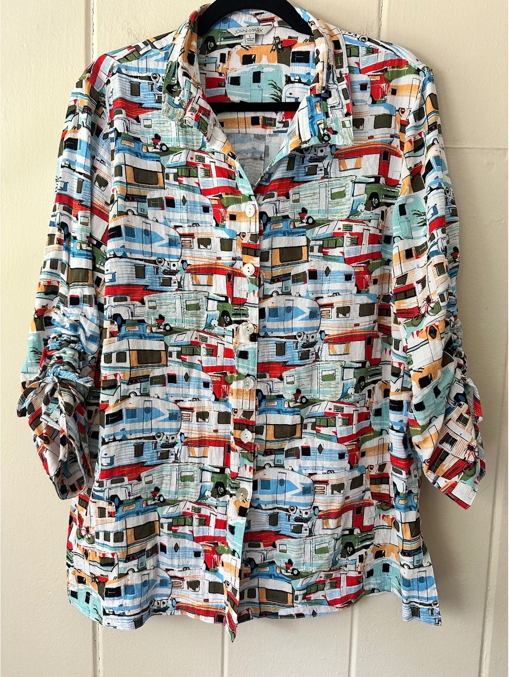 John Mark Vintage Camper RV Print Button Down Shirt Art To Wear Size Large